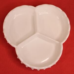 Vintage White Milk Glass Hobnail Candy Dish 3 Section Divided